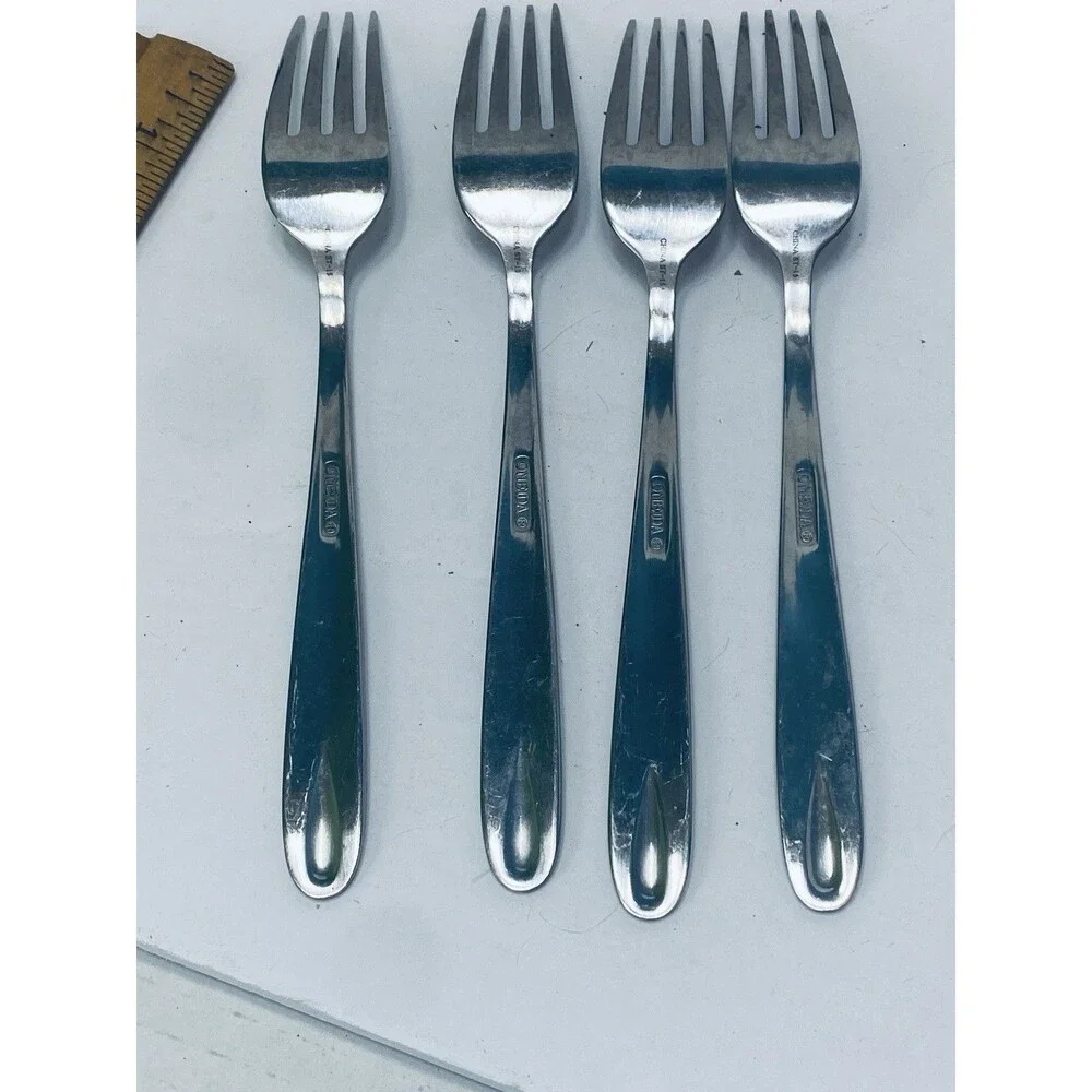 4 Vintage Oneida Gleason stainless steel  Flatware Salad Dessert  Forks 7.5”